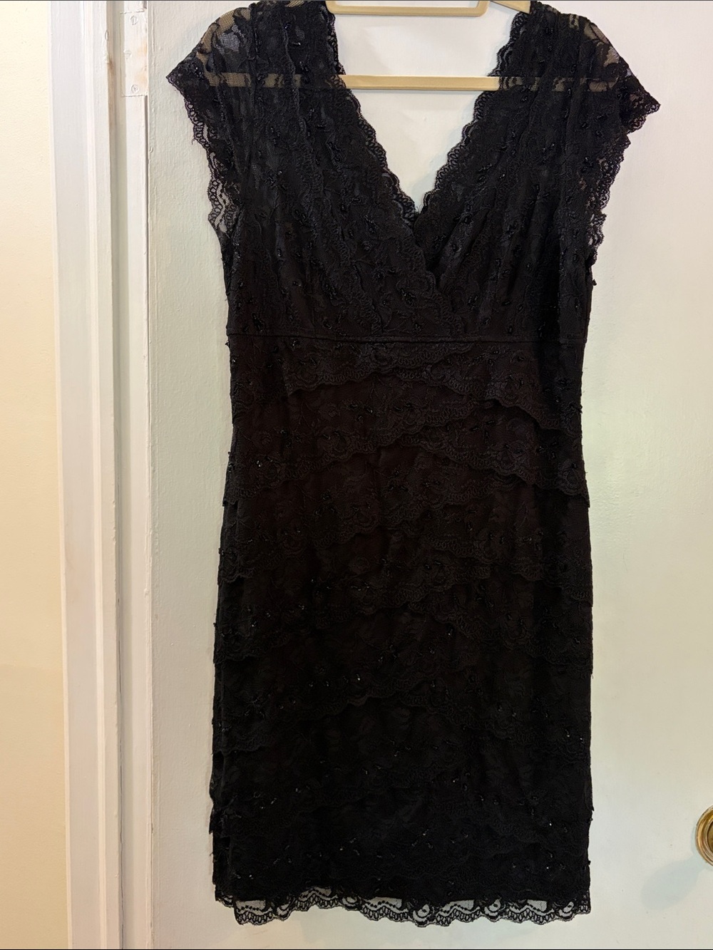 MARINA Black Lace V-Neck Cap Sleeve Dress